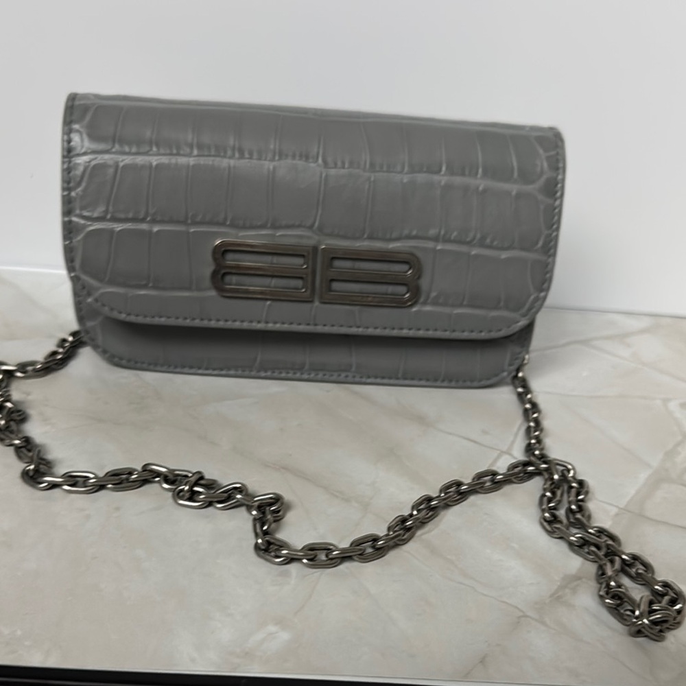 Balenciaga Gray Crocodile Embossed Wristlet